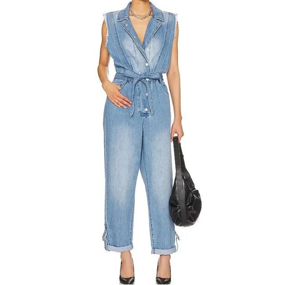 BLANKNYC Womens Blue Denim Sleeveless Boiler Suit Jumpsuit Tie Waist Medium